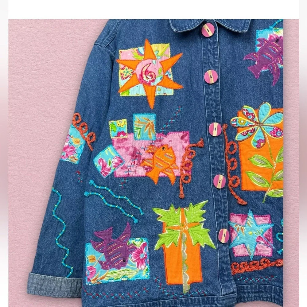 Vintage Artsy Embroidered 3D Popart Denim Jacket